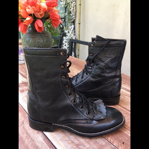 Vintage 100% Genuine Leather Lace up Boot Justin Women’s Black - Picture 7 of 15